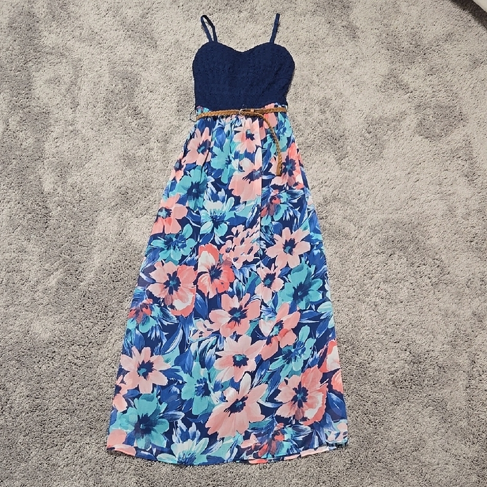 Floral Maxi Dress with Navy Bodice